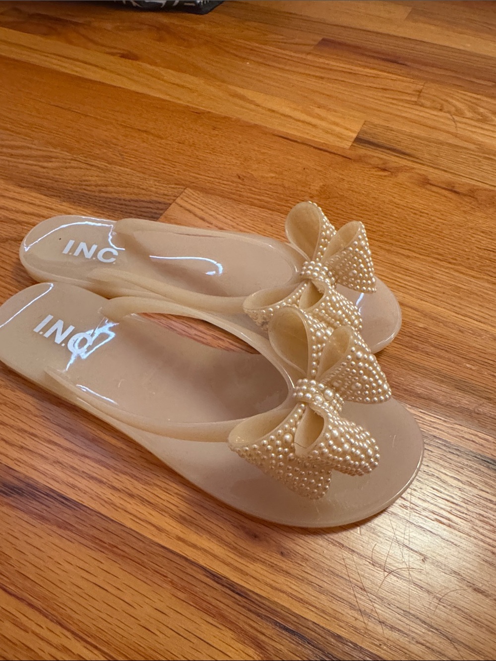 INC International Concepts Women's Nude Pearl Bow Jelly Slide Sandals